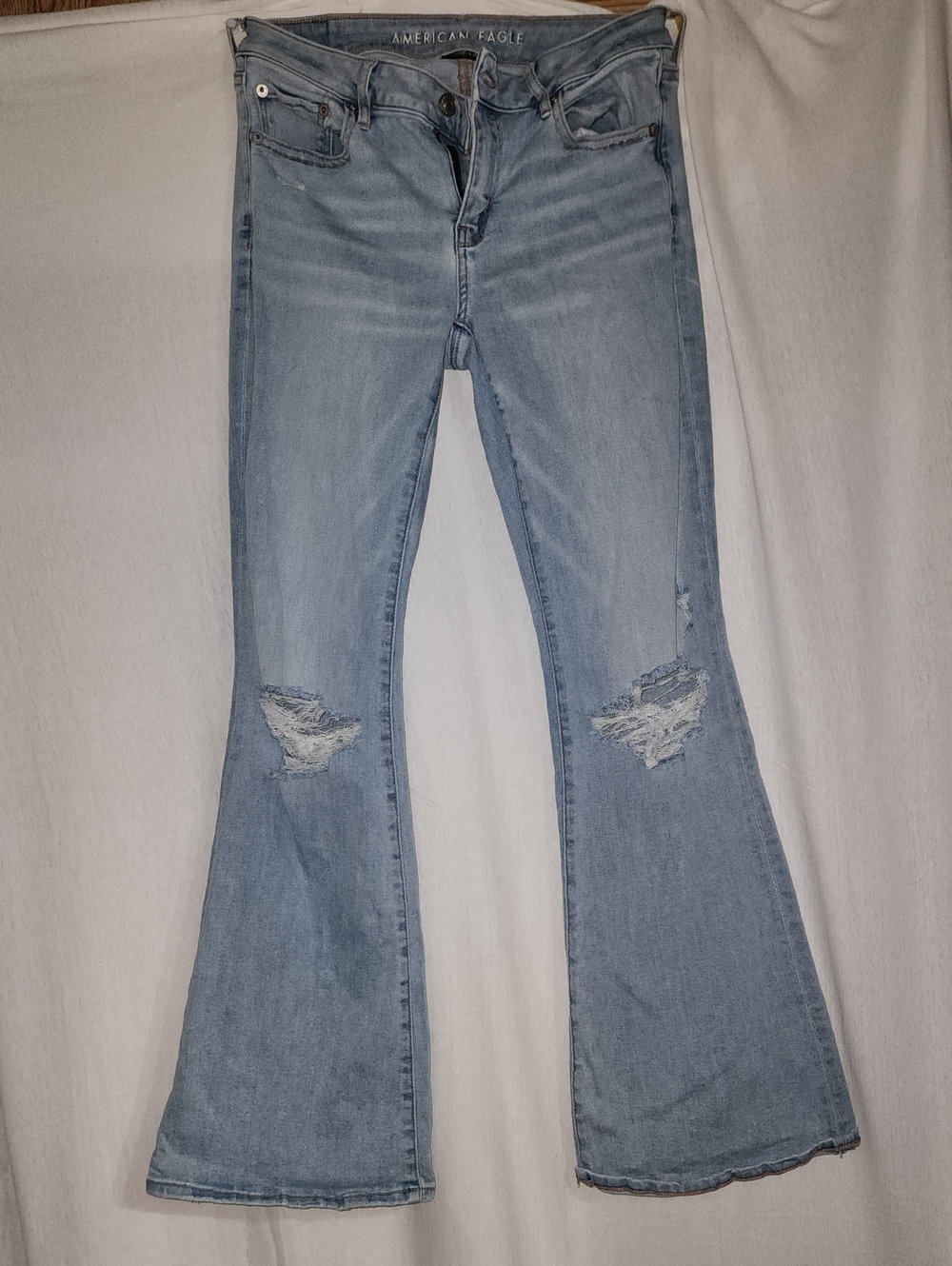 American Eagle Outfitters Next Level Stretch Light Blue Distressed Flare Jeans